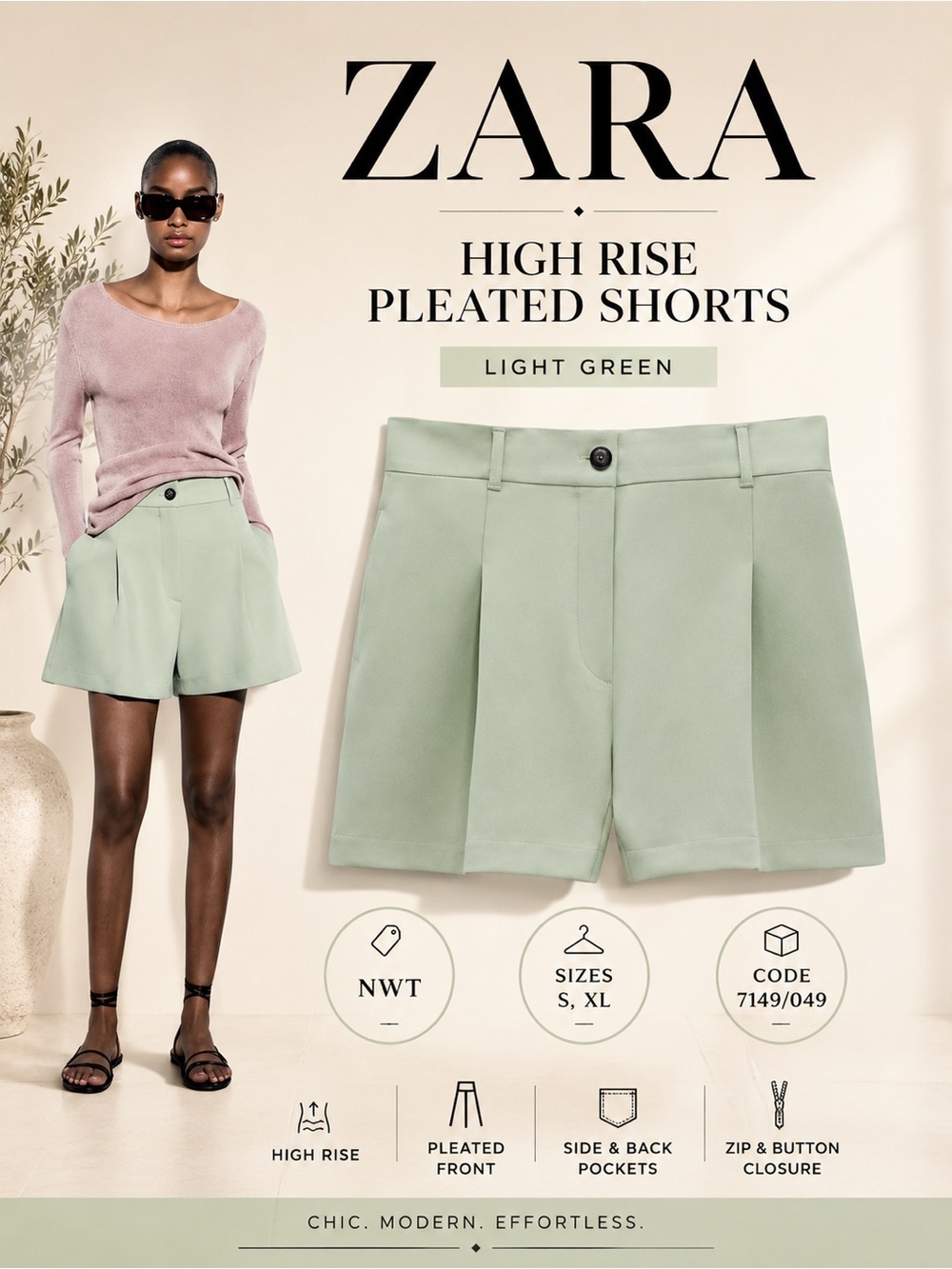 ZARA Light Green High Rise Pleated Shorts NWT Size S XL